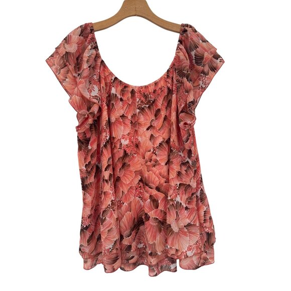 Signature By Larry Levine Woman Floral Blouse 3X plus peach Short Sleeve - Picture 2 of 5